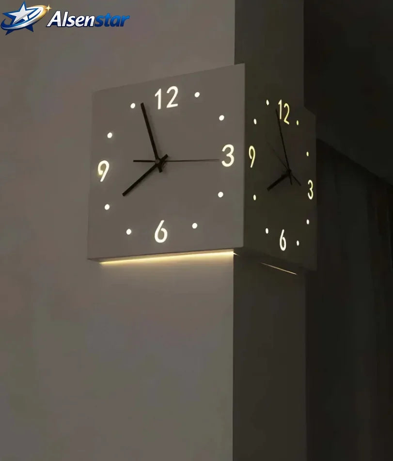 Modern Double Sided Luminous Corner Wall Clock Silent Nordic LED Wall Clock for Living Room Bedroom Home Decor