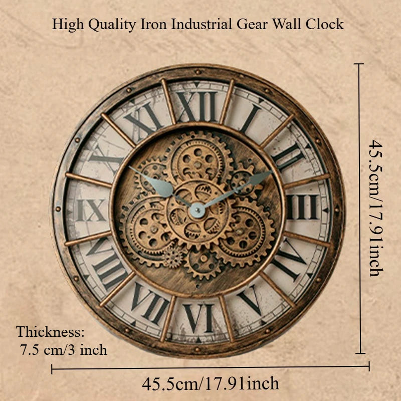 Quality Vintage Iron Wall Clock 3D Gear Rotating Wall Clock Circular Industrial Style Design Home Decoration Silent Art Clock