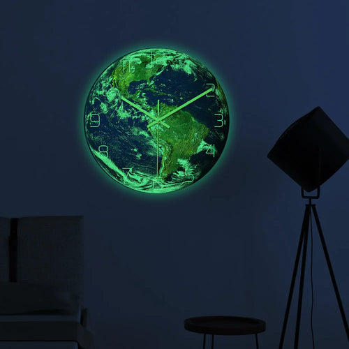 3D Acrylic Luminous Earth Wall Clock Glow In The Dark Silent Numbers Earth Hanging Clock Modern Home Decoration Living Room