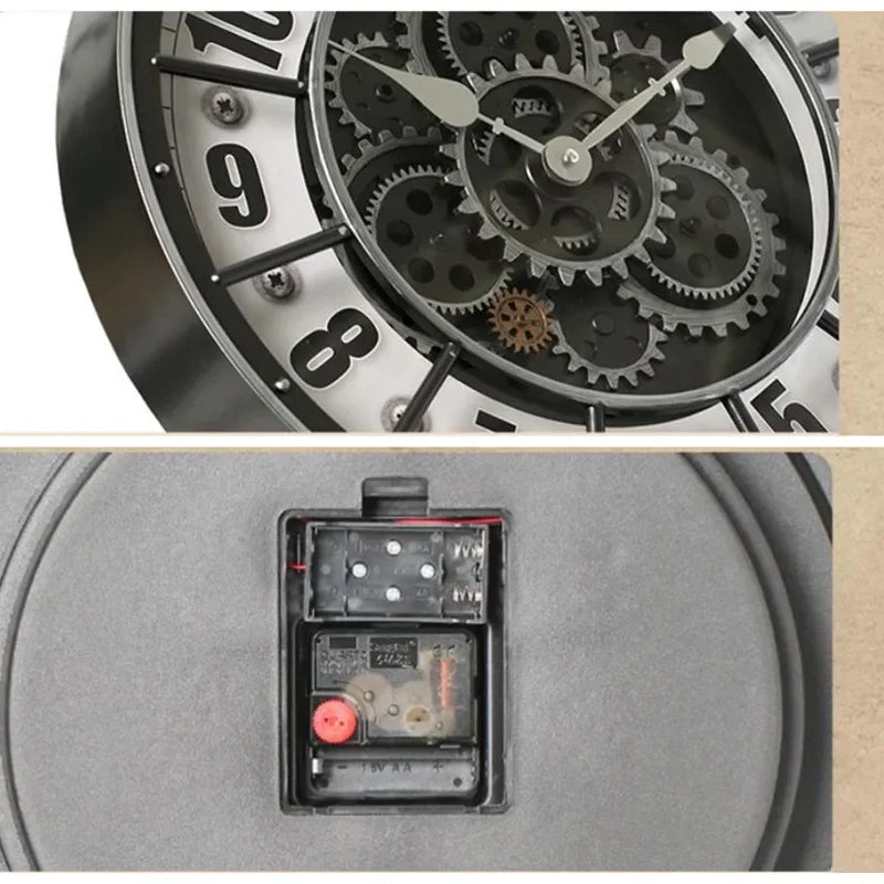 Quality Vintage Iron Wall Clock 3D Gear Rotating Wall Clock Circular Industrial Style Design Home Decoration Silent Art Clock