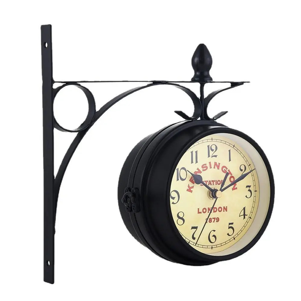 Double Sided Wall Clock High Quality Durable Retro Metal Clock Home Decor Garden Decoration Train Station