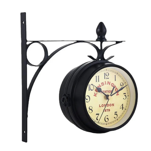 Double Sided Wall Clock High Quality Durable Retro Metal Clock Home Decor Garden Decoration Train Station