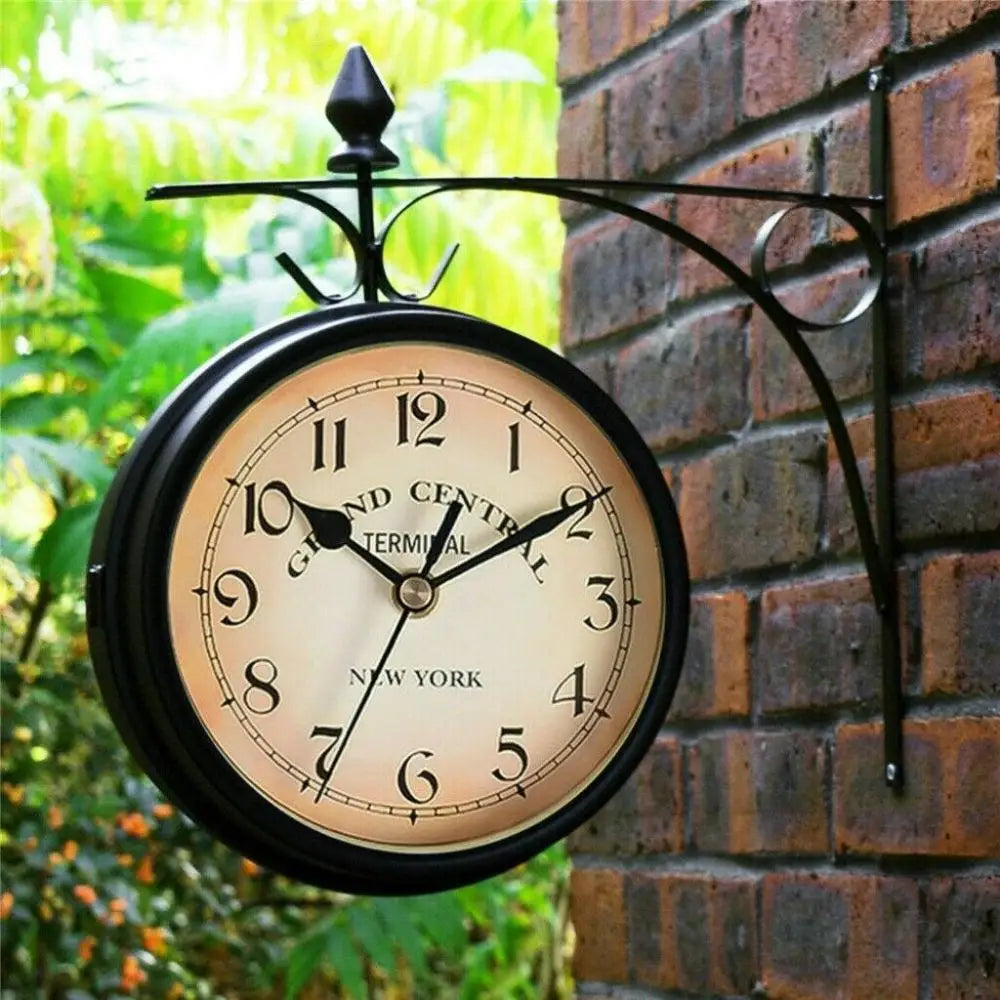 Double Sided Wall Clock High Quality Durable Retro Metal Clock Home Decor Garden Decoration Train Station